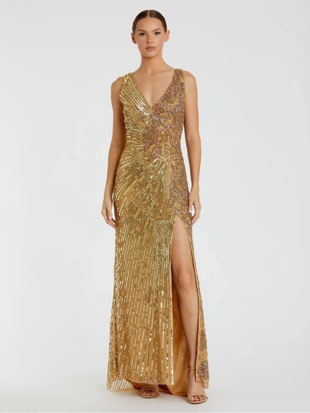 Mac Duggal 5473 Gold Beaded Floral Sleeveless Gown Size 8 NWOT